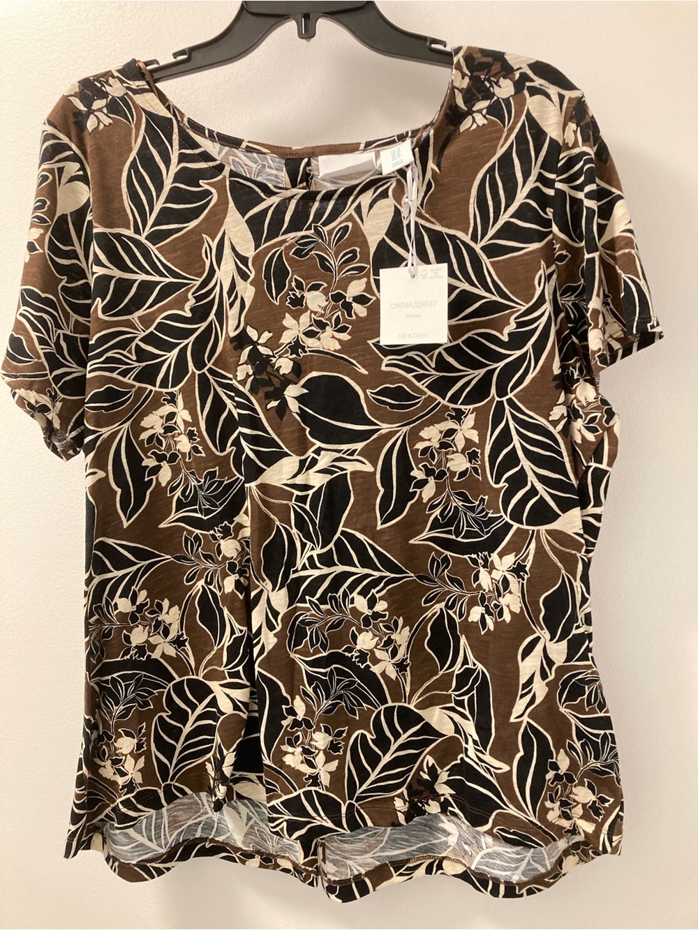 NWT Cynthia Rowley 1X Brown Black & Cream Tropical Floral Leaf, 100% Cotton Top